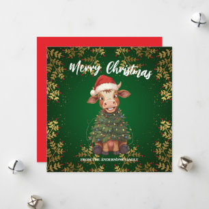 Cartes Pour Fêtes Annuelles Joli vache joyeux Noël arbre de Noël veau bœuf mot