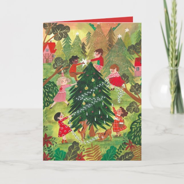 Cartes Pour Fêtes Annuelles Joli vert décoré sapin de Noël enfants (Devant)