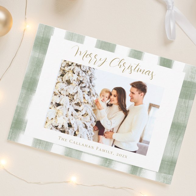 Cartes Pour Fêtes Annuelles Joli Vert En vichy Plaid Photo personnalisée Noël (Elegant Cute Green Gingham Plaid Custom Photo Merry Christmas Card - Chic vintage style holiday card)