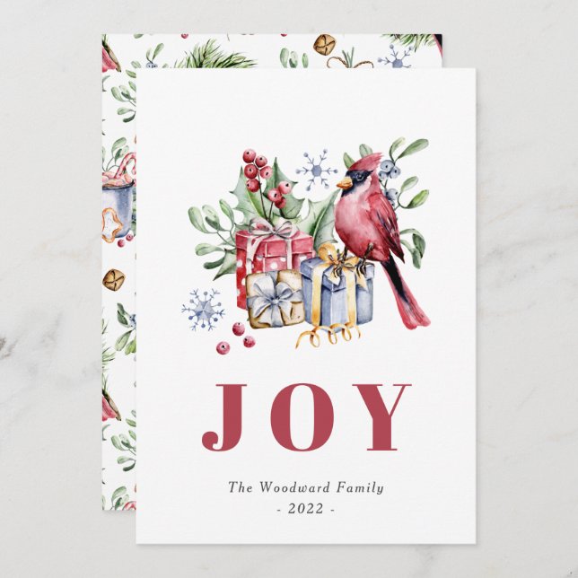 Cartes Pour Fêtes Annuelles Jolie aquarelle Cardinal Bird Noël (Devant / Derrière)