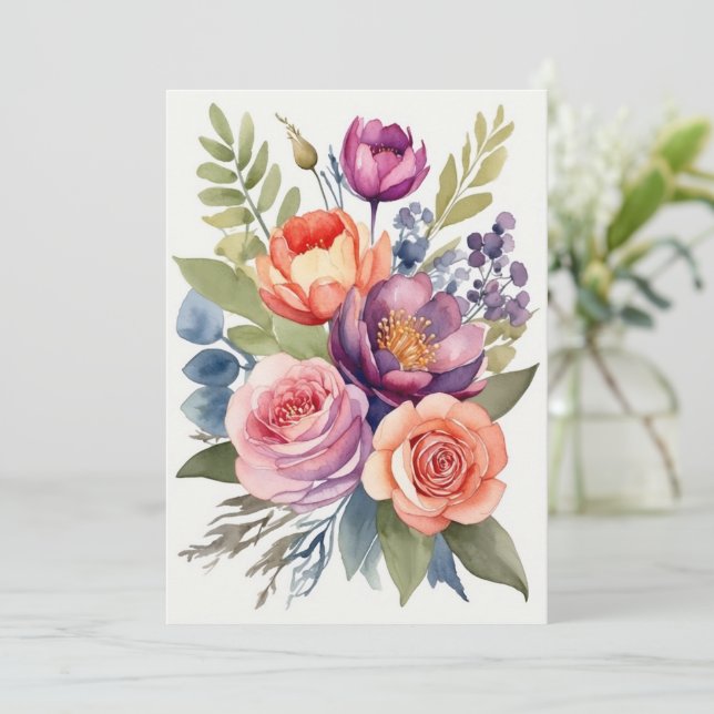 Cartes Pour Fêtes Annuelles Jolie aquarelle Fleur Floral Assortiment Bouquet (Debout devant)