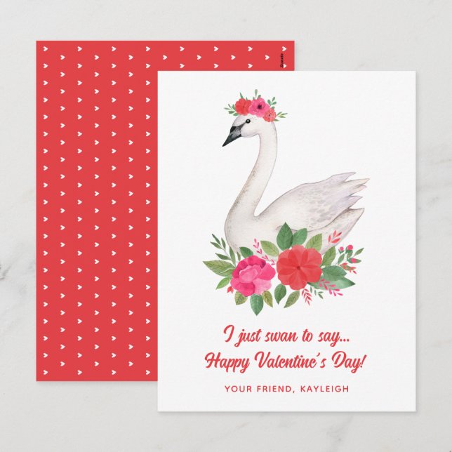 Cartes Pour Fêtes Annuelles Jolie aquarelle Floral Swan Classroom Valentine (Devant / Derrière)