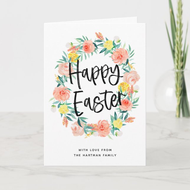 Cartes Pour Fêtes Annuelles Jolie aquarelle Florale Wreath Moderne Pâques (Devant)