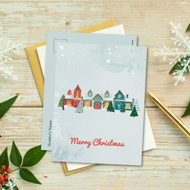 Cartes Pour Fêtes Annuelles Jolie aquarelle Village neigeux Noël (Créateur téléchargé)