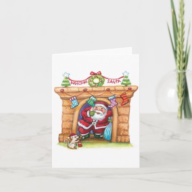 Cartes Pour Fêtes Annuelles Jolie Caricature Jolly Santa Claus Descendre Chimn (Devant)