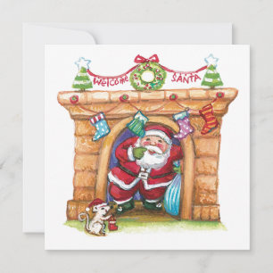 Cartes Pour Fêtes Annuelles Jolie Caricature Jolly Santa Claus Descendre Chimn