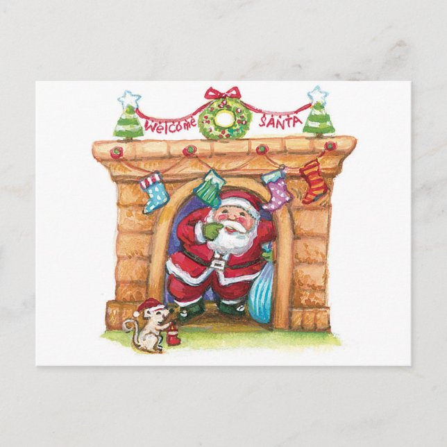 Cartes Pour Fêtes Annuelles Jolie Caricature Jolly Santa Claus Descendre Chimn (Devant)