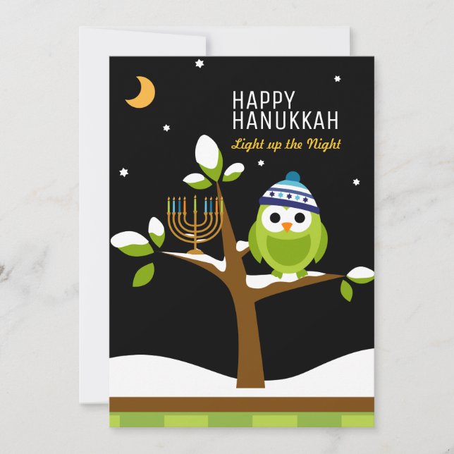 Cartes Pour Fêtes Annuelles Jolie chouette de Hanukkah & Arbre enneigé avec ch (Devant)