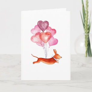 Cartes Pour Fêtes Annuelles Jolie doxie aquarelle avec ballons cardiaques