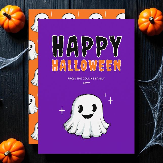 Cartes Pour Fêtes Annuelles Jolie Fantôme Orange Purple Éffrayant Halloween Ha (Cute Ghost Orange Purple Spooky Happy Halloween Holiday Card)