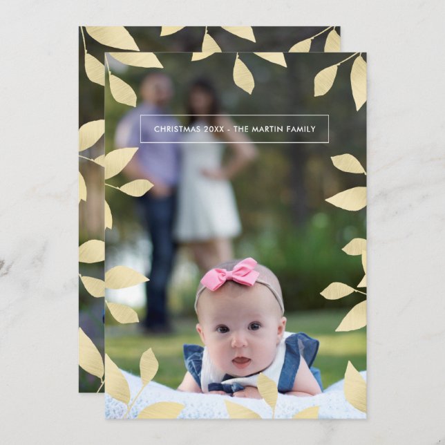 Cartes Pour Fêtes Annuelles Jolie Faux Gold Feuilles de Noël Photo (Devant / Derrière)