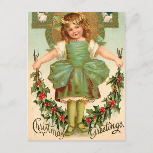 Cartes Pour Fêtes Annuelles Jolie fille avec Holly - Noël Vintage
