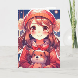 Cartes Pour Fêtes Annuelles Jolie fille d'anime avec un chiot et des cache-ore