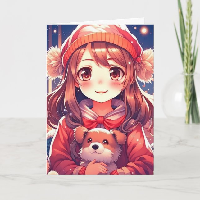 Cartes Pour Fêtes Annuelles Jolie fille d'anime avec un chiot et des protège-o (Devant)