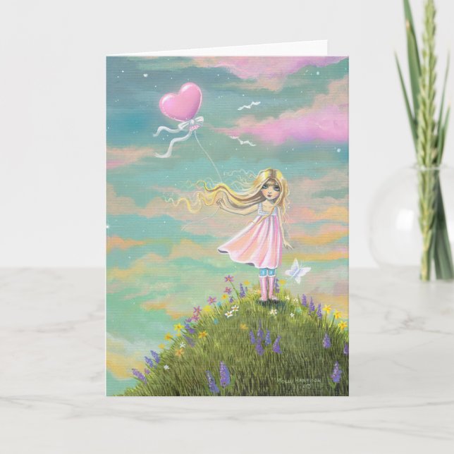 Cartes Pour Fêtes Annuelles Jolie fille d'art Whimsical avec ballon de coeur (Devant)