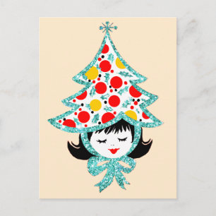 Cartes Pour Fêtes Annuelles Jolie fille de Noël rétro vintage avec un chapeau 