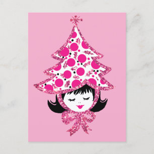 Cartes Pour Fêtes Annuelles Jolie fille de Noël rose rétro avec un chapeau d'a