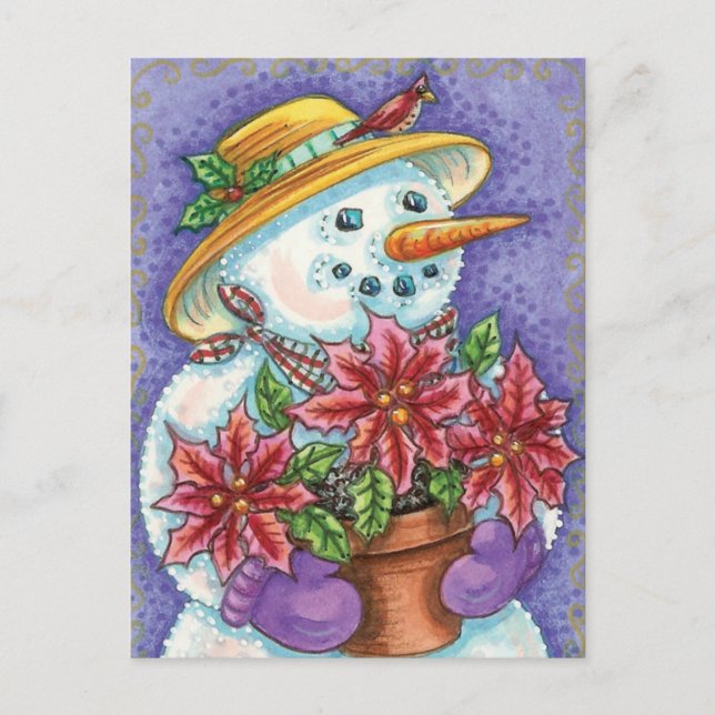 Cartes Pour Fêtes Annuelles Jolie fille de Noël Snowman avec Poinsettia (Devant)