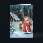 Cartes Pour Fêtes Annuelles Jolie fille lanterne houx cottage d'hiver<br><div class="desc">C'est le moment de célébrer les vacances. Cette impression de Noël vintage représente une jolie petite fille portant du houx,  une lanterne et un sac de friandises. Un cottage d'hiver à l'arrière-plan.</div>