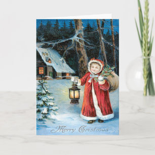 Cartes Pour Fêtes Annuelles Jolie Fille Lanterne Houx Cottage d'Hiver