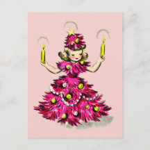 Jolie fille rétro vintage arbre de Noël rose