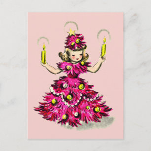 Cartes Pour Fêtes Annuelles Jolie fille rétro vintage arbre de Noël rose 