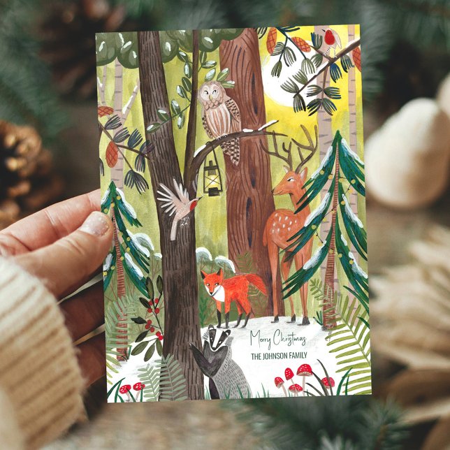 Cartes Pour Fêtes Annuelles Jolie forêt d'animaux verts Noël (Green forest with woodland animals Christmas Holiday Card)