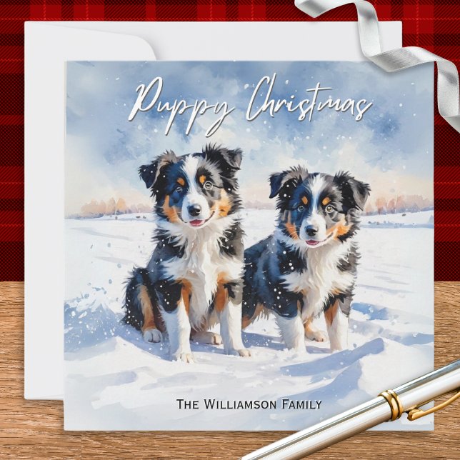 Cartes Pour Fêtes Annuelles Jolie Frontière Collie Chiots Dans Neige Chiot Noë (A personalized Christmas card with illustration of two cute border collie puppies in the winter snow)