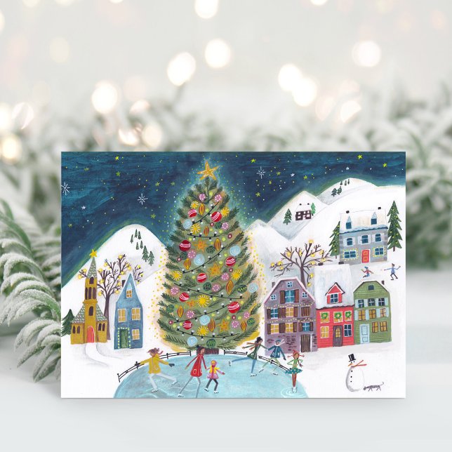 Cartes Pour Fêtes Annuelles Jolie maison d'hiver Village Scène Noël (Cute Winter House Village Scene Christmas Holiday Card)