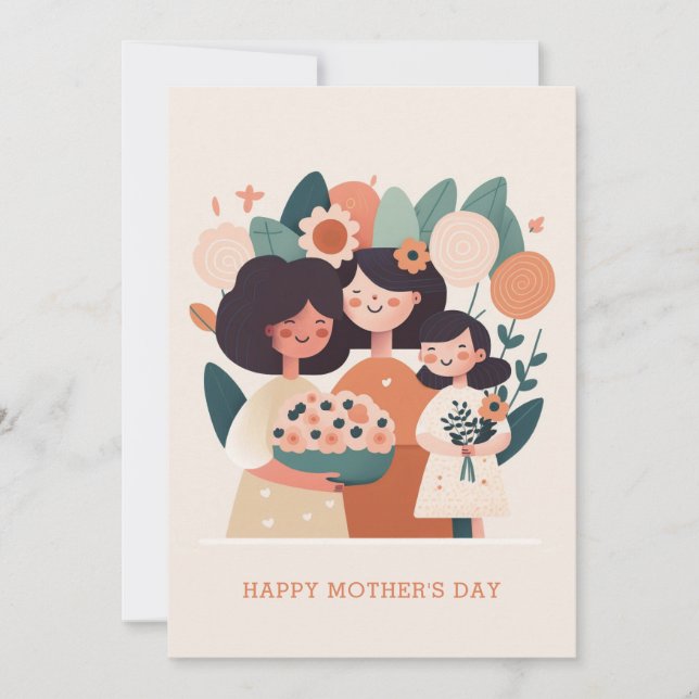 Cartes Pour Fêtes Annuelles Jolie maman et filles florales de dessin animé. Fê (Devant)