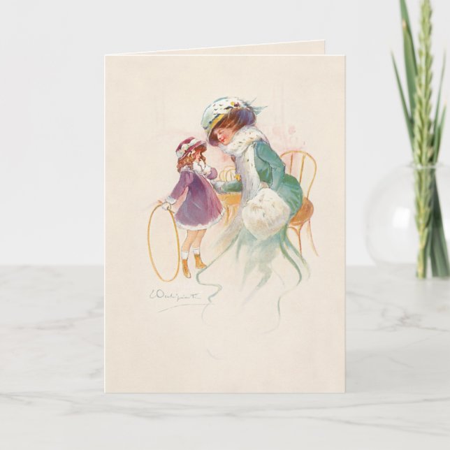 Cartes Pour Fêtes Annuelles Jolie mère victorienne à Ermine avec fille (Devant)