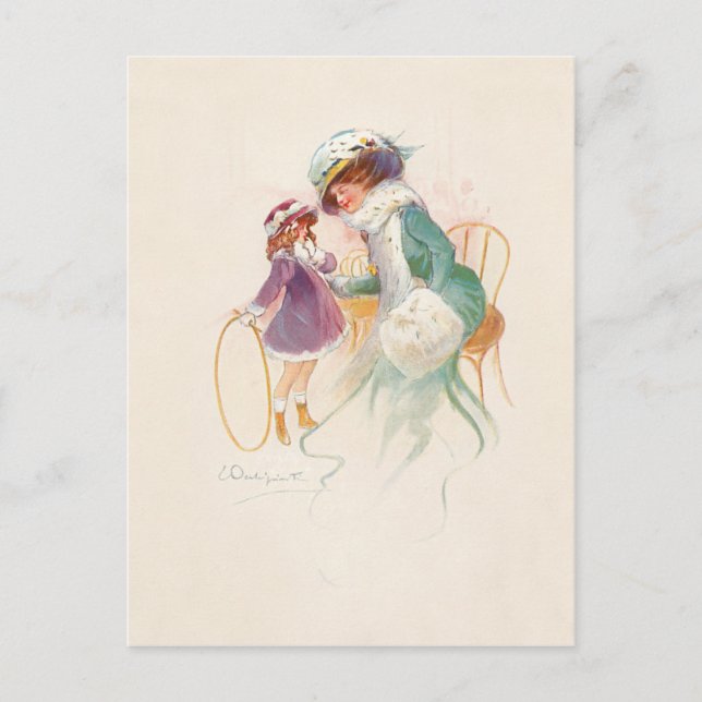 Cartes Pour Fêtes Annuelles Jolie mère victorienne à Ermine avec fille (Devant)