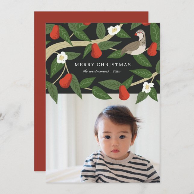 Cartes Pour Fêtes Annuelles Jolie Perdrix dans un Poirier | Photo Noël (Devant / Derrière)