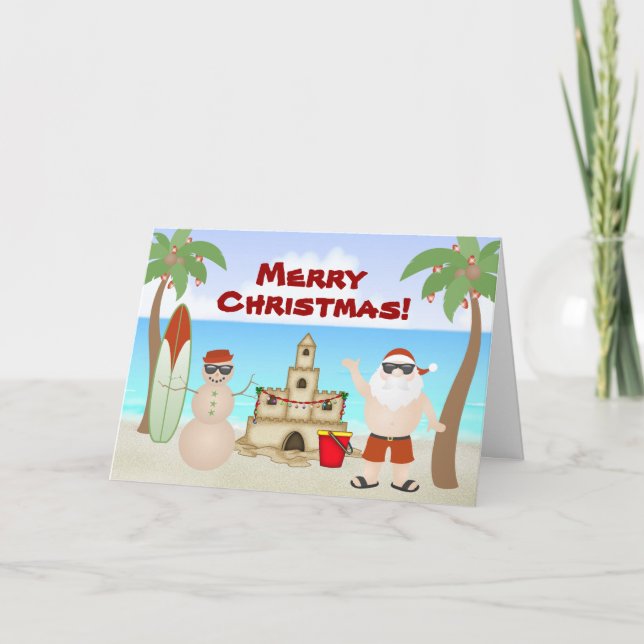 Cartes Pour Fêtes Annuelles Jolie Père Noël au Beach Paradise Joyeux Noël (Devant)