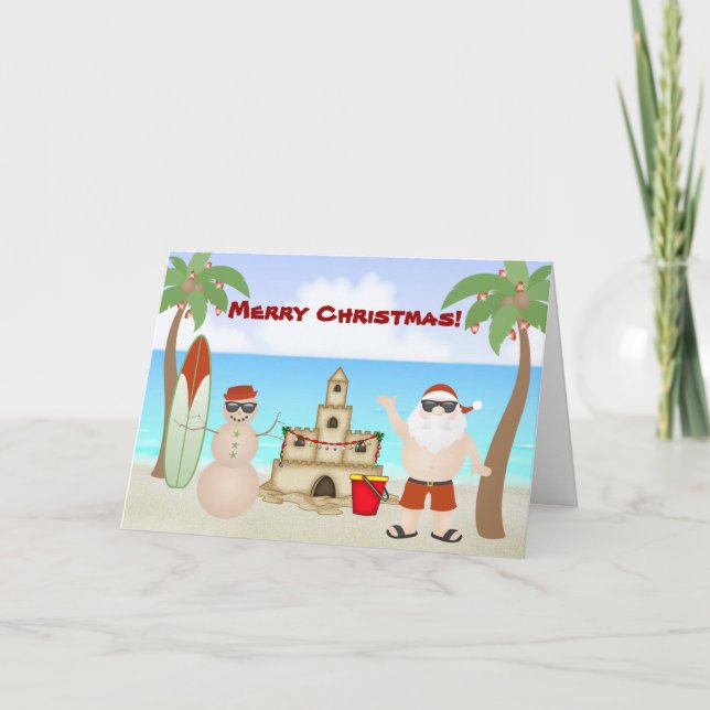 Cartes Pour Fêtes Annuelles Jolie Père Noël au Beach Paradise Joyeux Noël (Devant)