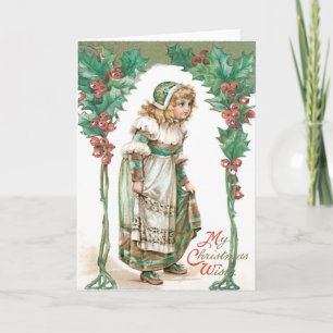 Cartes Pour Fêtes Annuelles Jolie petite fille au houx