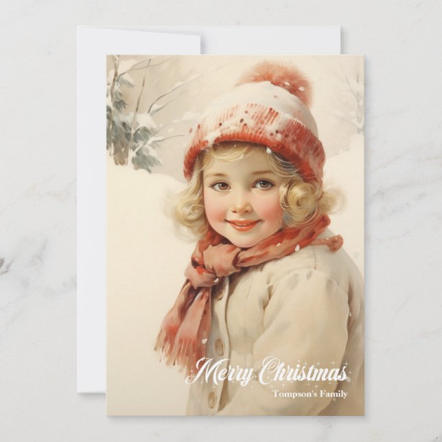 Cartes Pour Fêtes Annuelles Jolie petite fille neige forêt rouge foulard Noël (Devant)