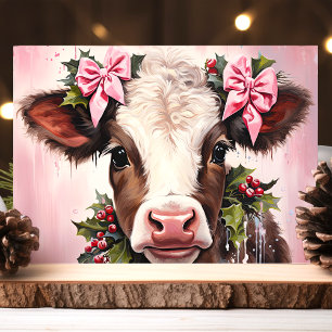 Cartes Pour Fêtes Annuelles Jolie petite vache aux rubans roses de Noël