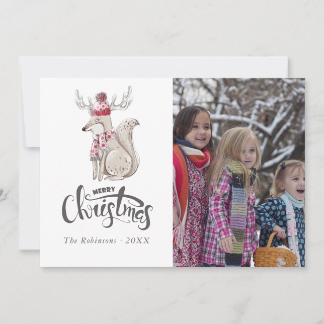 Cartes Pour Fêtes Annuelles Jolie photo de Noël Ren d'hiver à l'aquarelle (Devant)