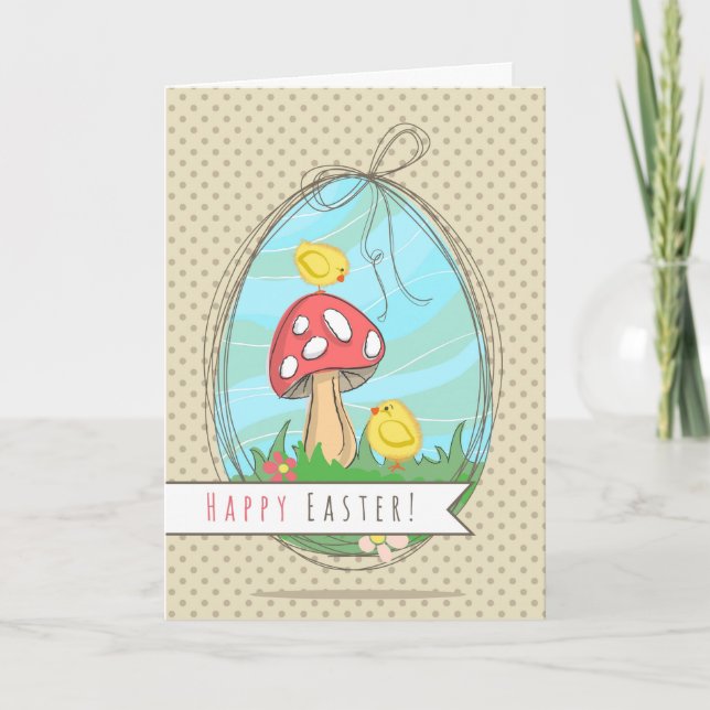 Cartes Pour Fêtes Annuelles Jolie poussette de Pâques aux champignons Joyeux P (Devant)
