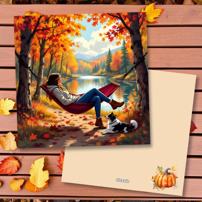 Cartes Pour Fêtes Annuelles Jolie scène d'automne avec femme et chien (Créateur téléchargé)