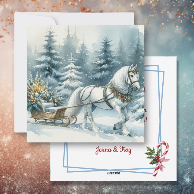 Cartes Pour Fêtes Annuelles Jolie scène hivernale avec Cheval Blanc en Neige (Créateur téléchargé)
