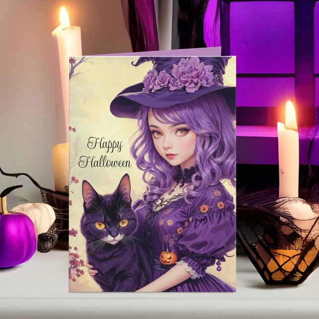 Cartes Pour Fêtes Annuelles Jolie sorcière d'Halloween violette et chat noir V (Purple Halloween Witch & black cat greeting card in a pretty vintage style)