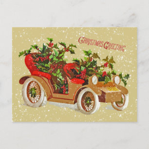 Cartes Pour Fêtes Annuelles Jolie voiture Vintage Noël Holly Neige Or
