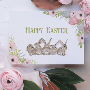 Cartes Pour Fêtes Annuelles Jolies fleurs d'aquarelle et lapin Pâques