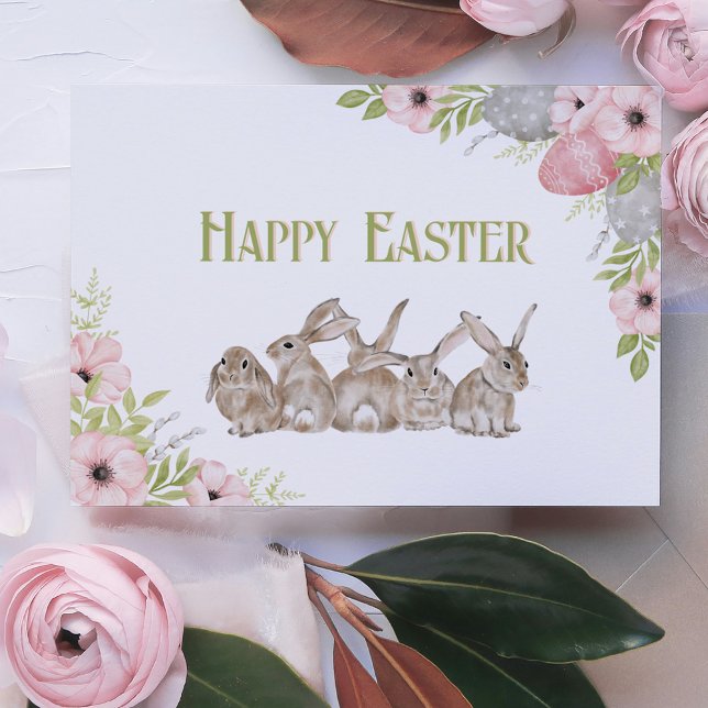 Cartes Pour Fêtes Annuelles Jolies fleurs d'aquarelle et lapin Pâques (Pretty Watercolor Flowers and Bunny Easter Holiday Postcard
)