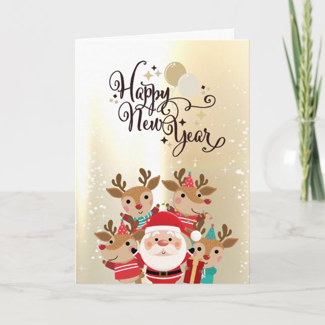Cartes Pour Fêtes Annuelles Jolies Reindeuses, Noël Claus Gold Holiday (Devant)