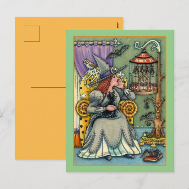 CARTES POUR FÊTES ANNUELLES JOLIMENT WITCH, CHAT & SES ANIMAUX, CAGE DE MAIN,  (Devant / Derrière)