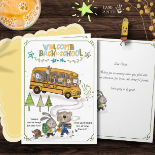 Cartes Pour Fêtes Annuelles Jolis Animaux de la Forêt Autobus Scolaire Rentrée