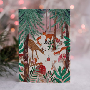 Cartes Pour Fêtes Annuelles Jolis Animaux de la forêt verts et roses Forêt